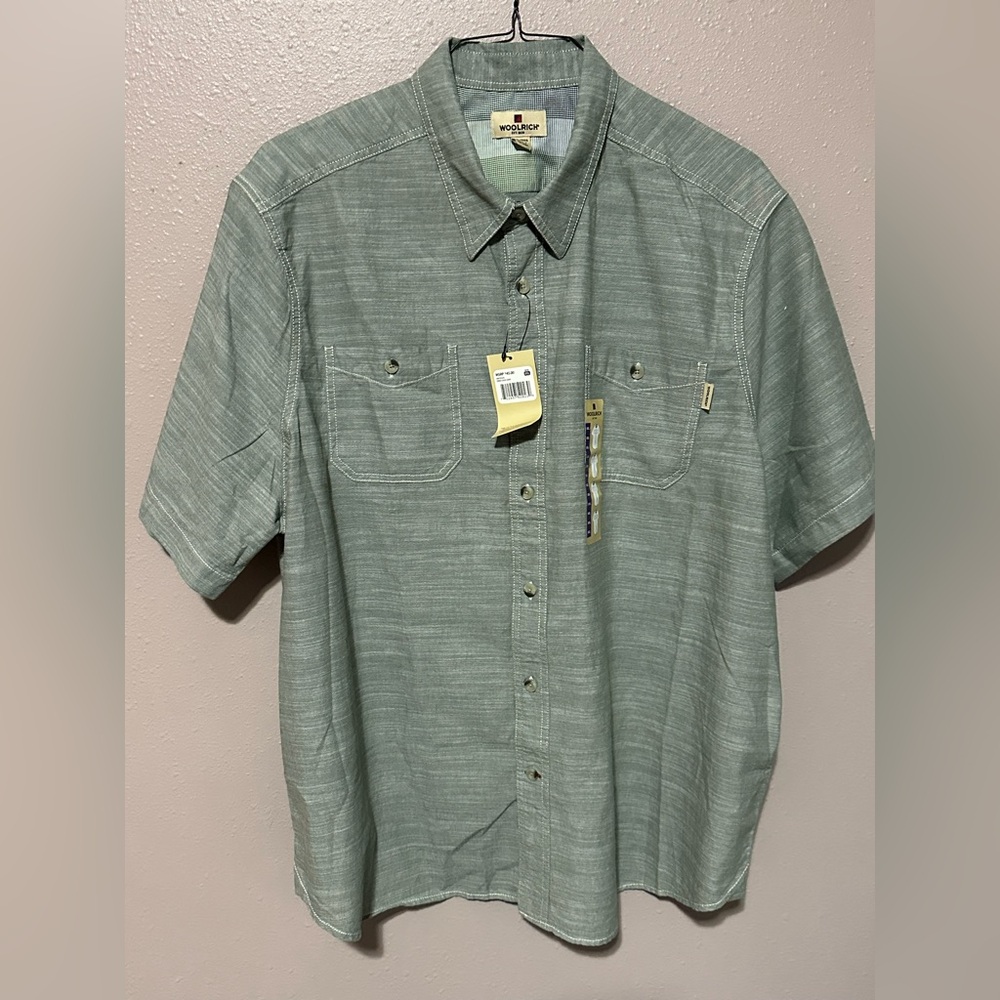 New Shirt Mens XXL Woolrich Green Solid Short Sleeve Causal Pockets - Picture 10 of 11